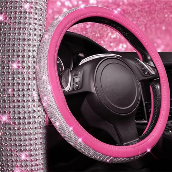 Diamond Pink Leather Steering Wheel Crystal Cover, Universal Fit 14" 1/2-15" - Picture 5 of 6